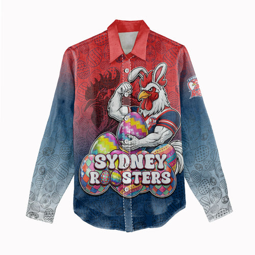 Personalized Sydney Roosters Women Casual Shirt Easter Mascot - Colorful Eggs Cartoon Style