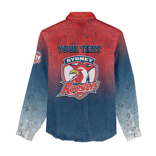 Personalized Sydney Roosters Women Casual Shirt Easter Mascot - Colorful Eggs Cartoon Style