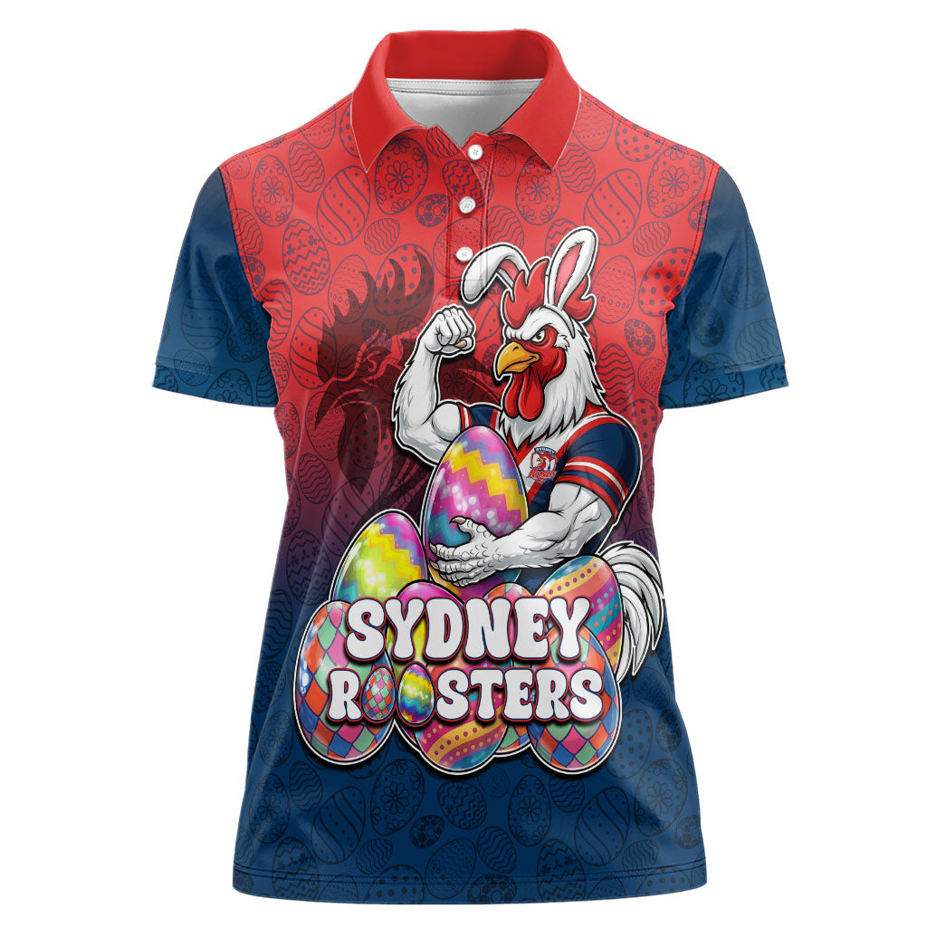 Personalized Sydney Roosters Women Polo Shirt Easter Mascot - Colorful Eggs Cartoon Style