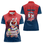 Personalized Sydney Roosters Women Polo Shirt Easter Mascot - Colorful Eggs Cartoon Style