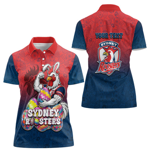Personalized Sydney Roosters Women Polo Shirt Easter Mascot - Colorful Eggs Cartoon Style