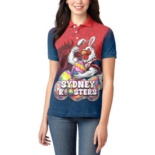 Personalized Sydney Roosters Women Polo Shirt Easter Mascot - Colorful Eggs Cartoon Style