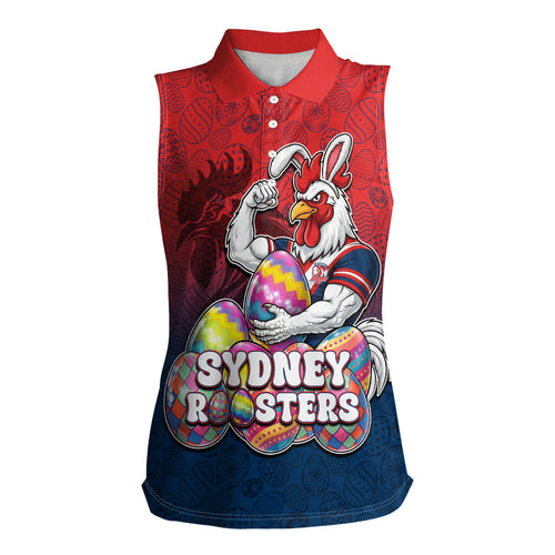 Personalized Sydney Roosters Women Sleeveless Polo Shirt Easter Mascot - Colorful Eggs Cartoon Style