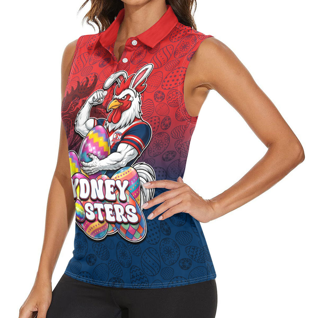 Personalized Sydney Roosters Women Sleeveless Polo Shirt Easter Mascot - Colorful Eggs Cartoon Style