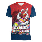 Personalized Sydney Roosters Women V-Neck T-Shirt Easter Mascot - Colorful Eggs Cartoon Style