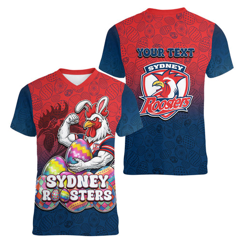 Personalized Sydney Roosters Women V-Neck T-Shirt Easter Mascot - Colorful Eggs Cartoon Style