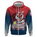 Personalized Sydney Roosters Zip Hoodie Easter Mascot - Colorful Eggs Cartoon Style