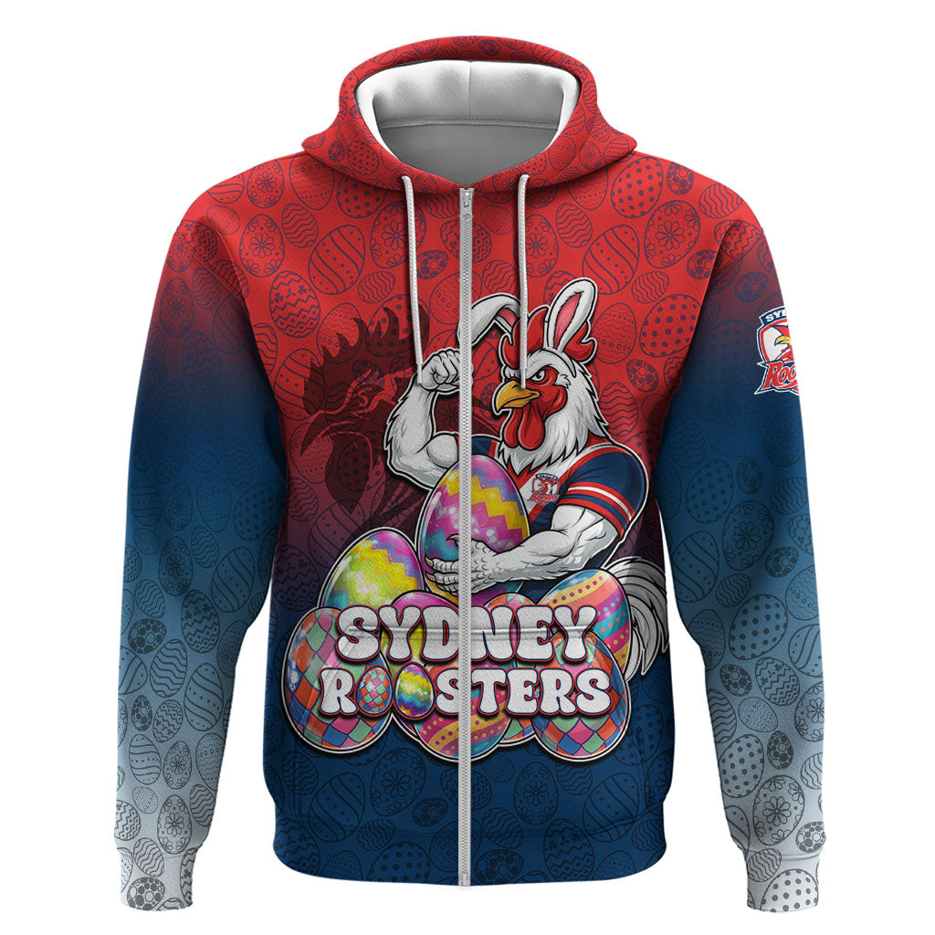 Personalized Sydney Roosters Zip Hoodie Easter Mascot - Colorful Eggs Cartoon Style