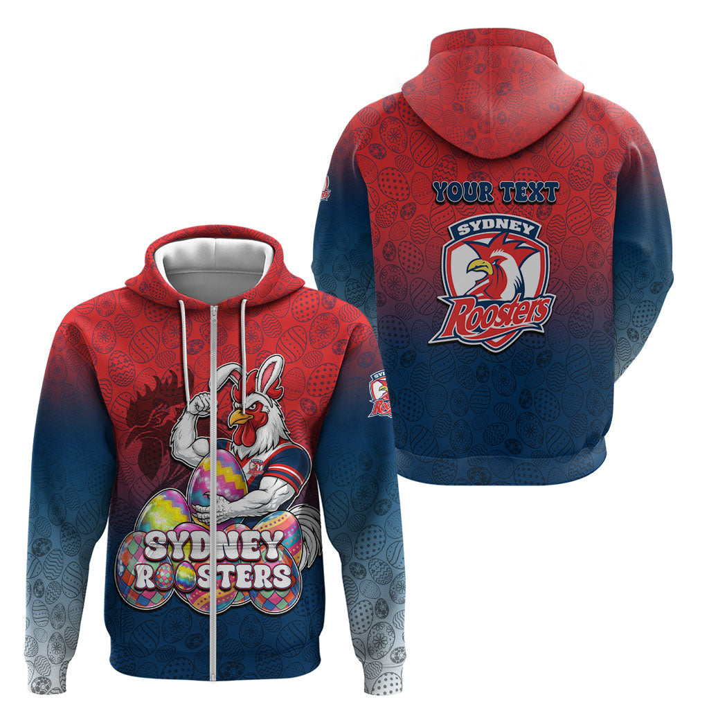 Personalized Sydney Roosters Zip Hoodie Easter Mascot - Colorful Eggs Cartoon Style