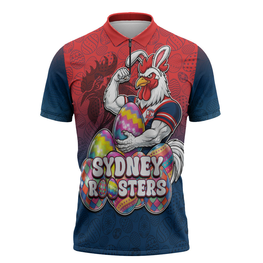 Personalized Sydney Roosters Zipper Polo Shirt Easter Mascot - Colorful Eggs Cartoon Style