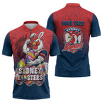 Personalized Sydney Roosters Zipper Polo Shirt Easter Mascot - Colorful Eggs Cartoon Style