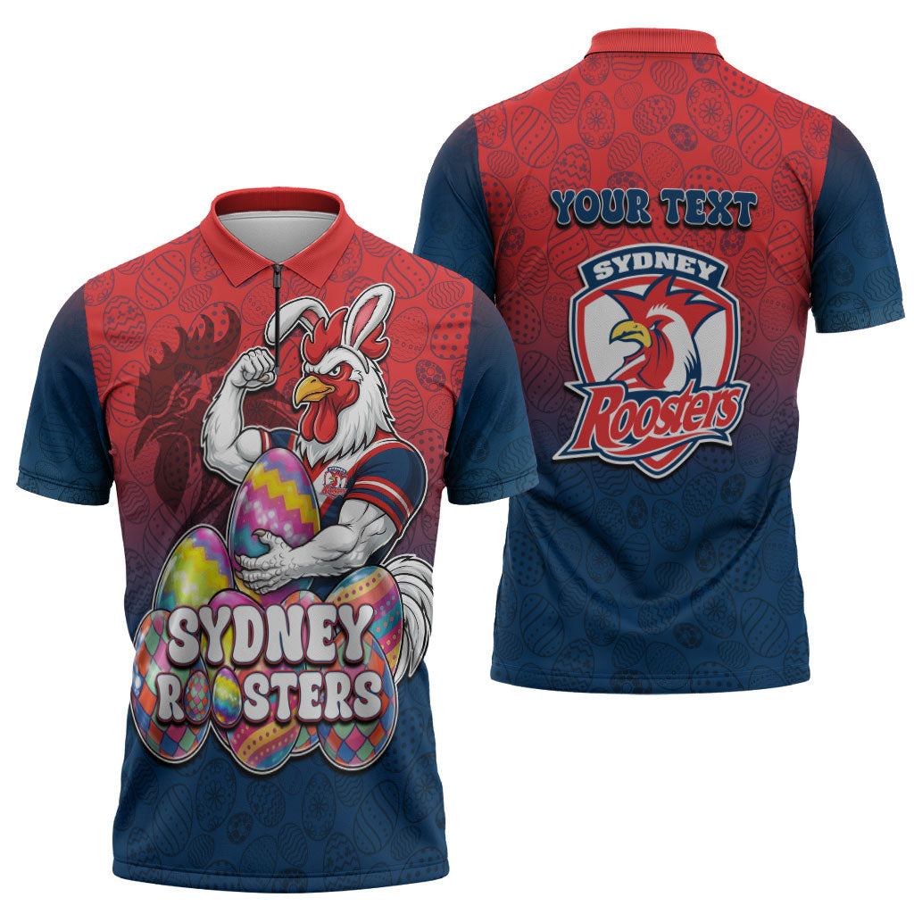 Personalized Sydney Roosters Zipper Polo Shirt Easter Mascot - Colorful Eggs Cartoon Style