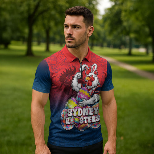 Personalized Sydney Roosters Zipper Polo Shirt Easter Mascot - Colorful Eggs Cartoon Style