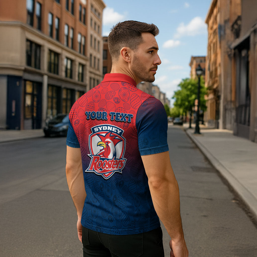 Personalized Sydney Roosters Zipper Polo Shirt Easter Mascot - Colorful Eggs Cartoon Style