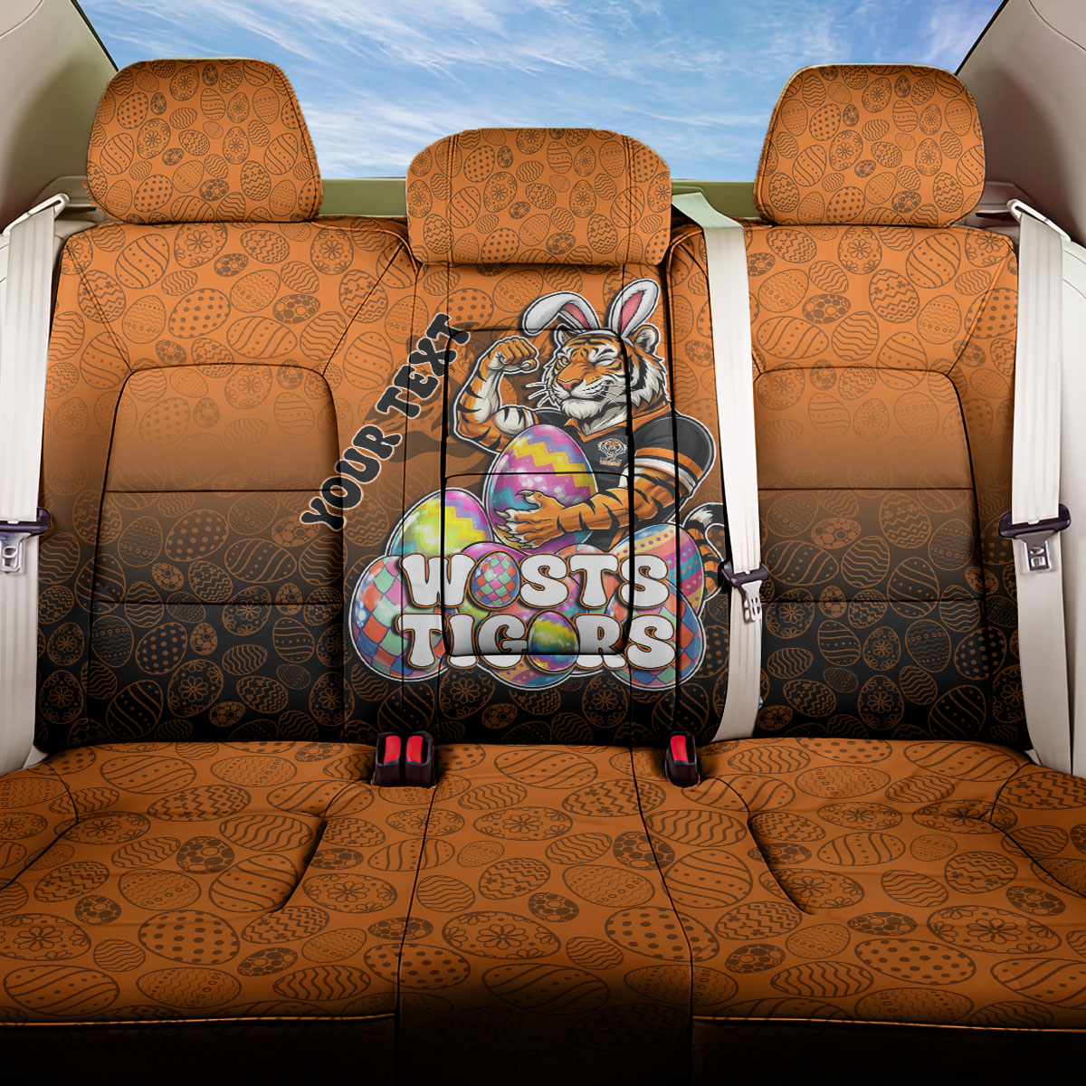 Personalized Wests Tigers Back Car Seat Cover Easter Mascot - Colorful Eggs Cartoon Style