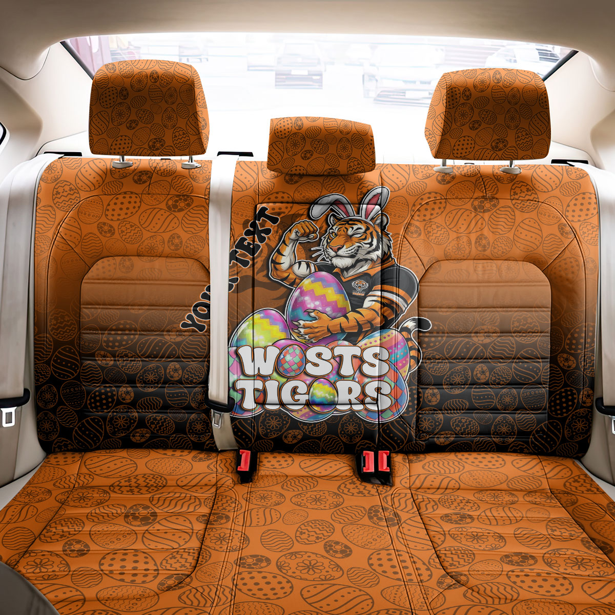 Personalized Wests Tigers Back Car Seat Cover Easter Mascot - Colorful Eggs Cartoon Style