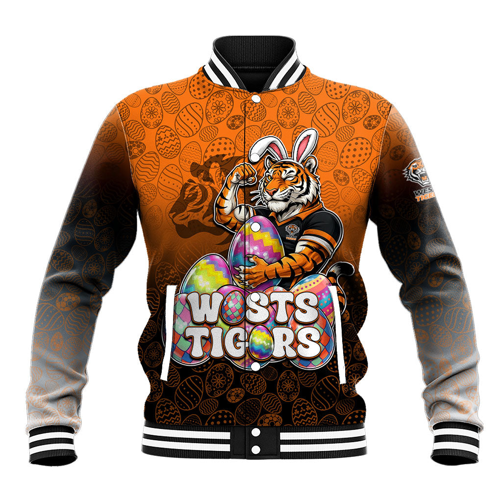 Personalized Wests Tigers Baseball Jacket Easter Mascot - Colorful Eggs Cartoon Style