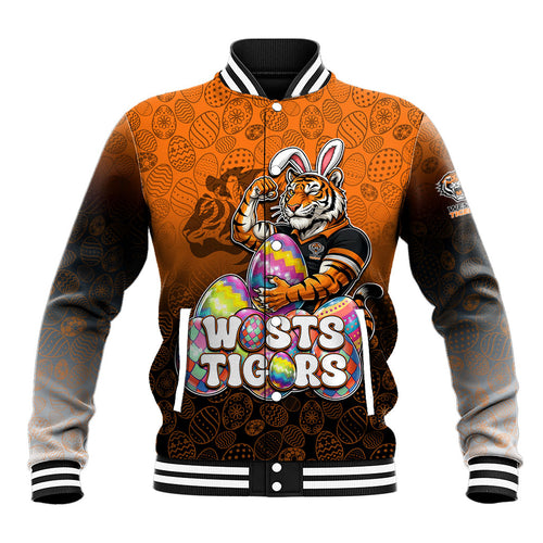Personalized Wests Tigers Baseball Jacket Easter Mascot - Colorful Eggs Cartoon Style