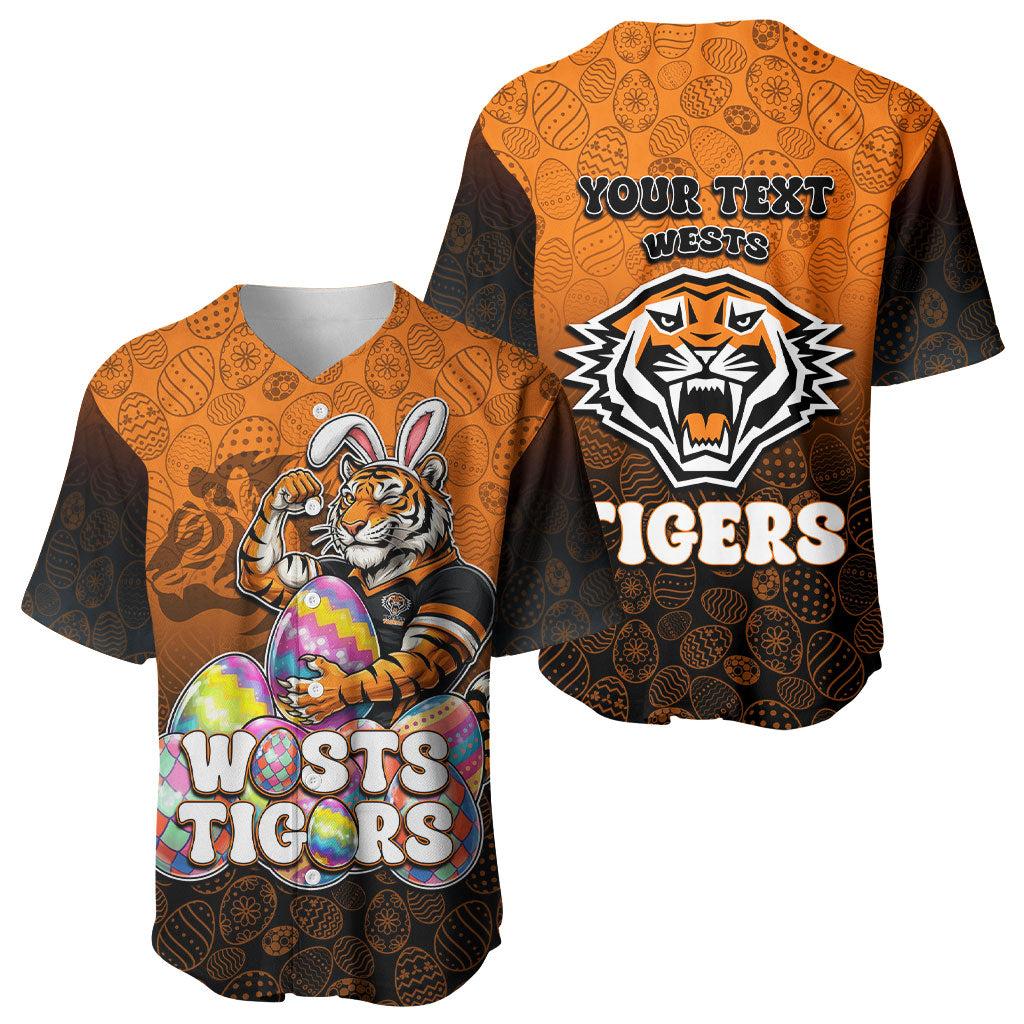 Personalized Wests Tigers Baseball Jersey Easter Mascot - Colorful Eggs Cartoon Style