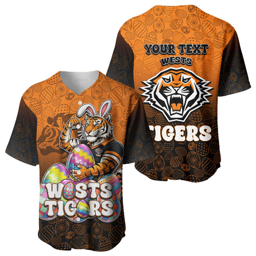 Personalized Wests Tigers Baseball Jersey Easter Mascot - Colorful Eggs Cartoon Style