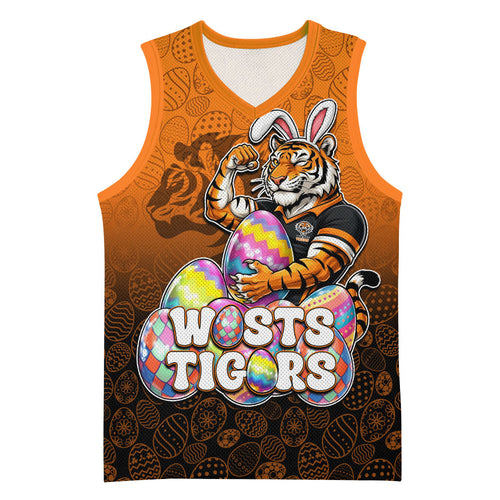 Personalized Wests Tigers Basketball Jersey Easter Mascot - Colorful Eggs Cartoon Style
