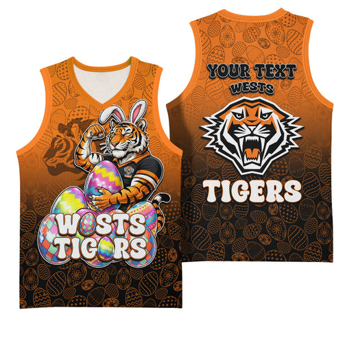 Personalized Wests Tigers Basketball Jersey Easter Mascot - Colorful Eggs Cartoon Style