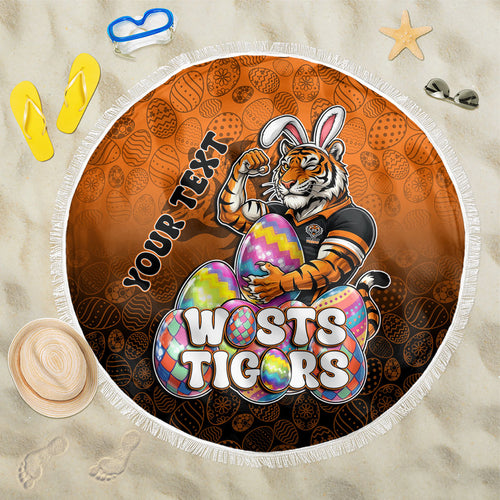 Personalized Wests Tigers Beach Blanket Easter Mascot - Colorful Eggs Cartoon Style