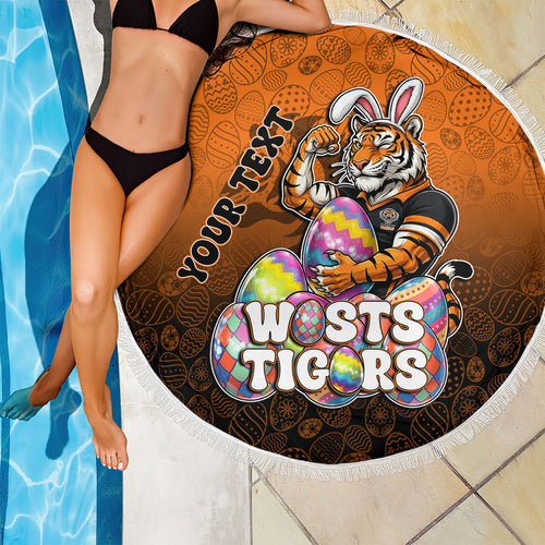 Personalized Wests Tigers Beach Blanket Easter Mascot - Colorful Eggs Cartoon Style