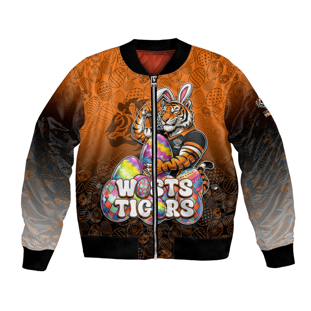 Personalized Wests Tigers Bomber Jacket Easter Mascot - Colorful Eggs Cartoon Style