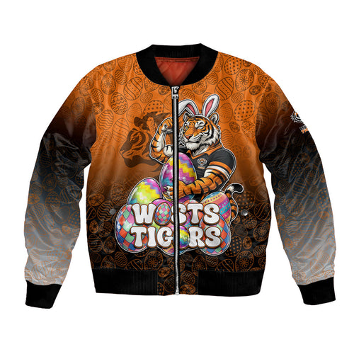 Personalized Wests Tigers Bomber Jacket Easter Mascot - Colorful Eggs Cartoon Style