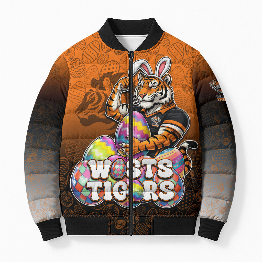 Personalized Wests Tigers Bomber Puffer Jacket Easter Mascot - Colorful Eggs Cartoon Style