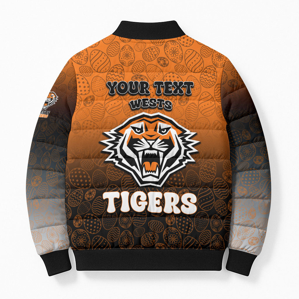 Personalized Wests Tigers Bomber Puffer Jacket Easter Mascot - Colorful Eggs Cartoon Style