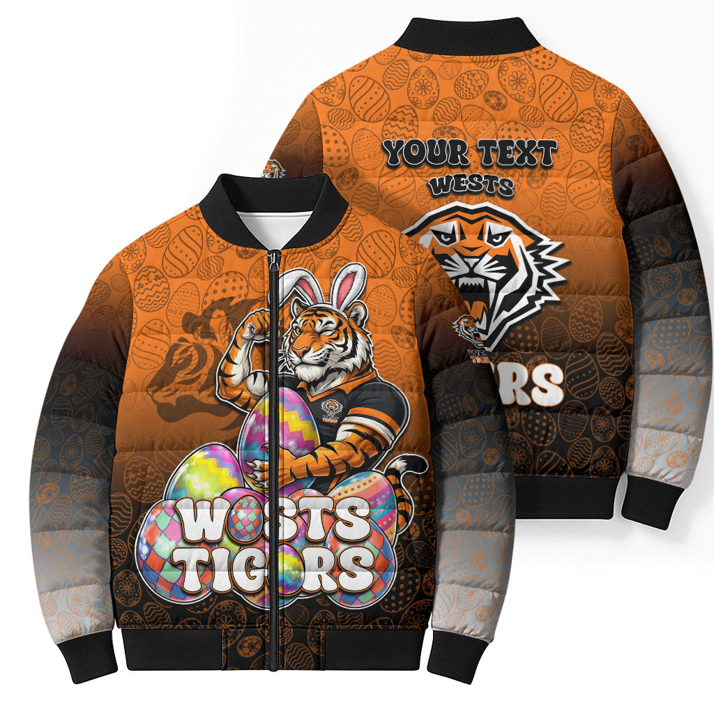 Personalized Wests Tigers Bomber Puffer Jacket Easter Mascot - Colorful Eggs Cartoon Style