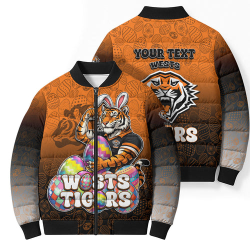 Personalized Wests Tigers Bomber Puffer Jacket Easter Mascot - Colorful Eggs Cartoon Style