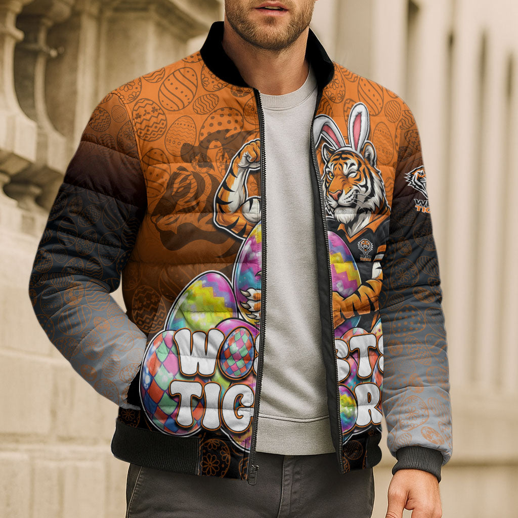 Personalized Wests Tigers Bomber Puffer Jacket Easter Mascot - Colorful Eggs Cartoon Style