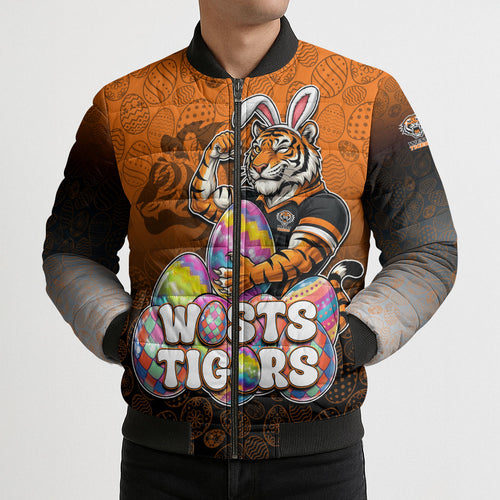 Personalized Wests Tigers Bomber Puffer Jacket Easter Mascot - Colorful Eggs Cartoon Style