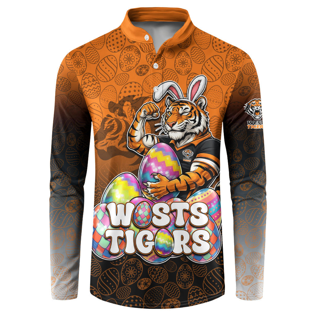 Personalized Wests Tigers Button Sweatshirt Easter Mascot - Colorful Eggs Cartoon Style