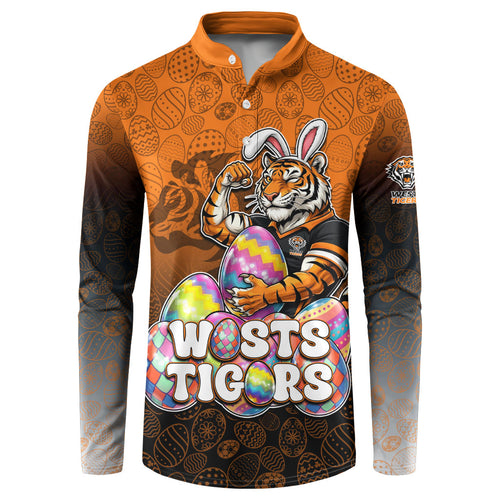 Personalized Wests Tigers Button Sweatshirt Easter Mascot - Colorful Eggs Cartoon Style