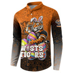 Personalized Wests Tigers Button Sweatshirt Easter Mascot - Colorful Eggs Cartoon Style
