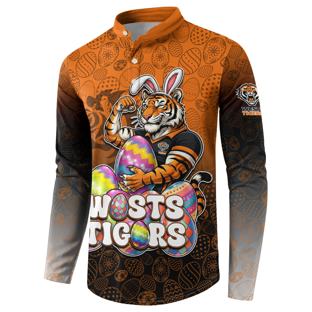 Personalized Wests Tigers Button Sweatshirt Easter Mascot - Colorful Eggs Cartoon Style