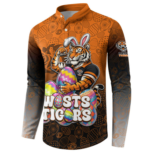 Personalized Wests Tigers Button Sweatshirt Easter Mascot - Colorful Eggs Cartoon Style