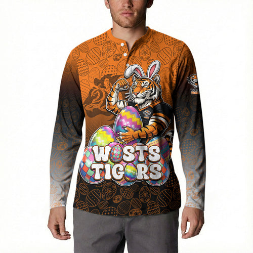 Personalized Wests Tigers Button Sweatshirt Easter Mascot - Colorful Eggs Cartoon Style