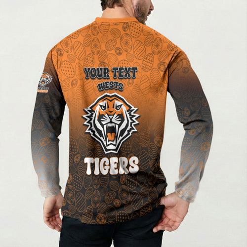 Personalized Wests Tigers Button Sweatshirt Easter Mascot - Colorful Eggs Cartoon Style
