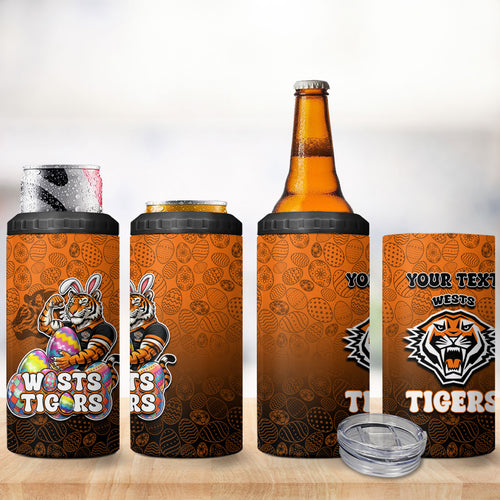 Personalized Wests Tigers 4 in 1 Can Cooler Tumbler Easter Mascot - Colorful Eggs Cartoon Style