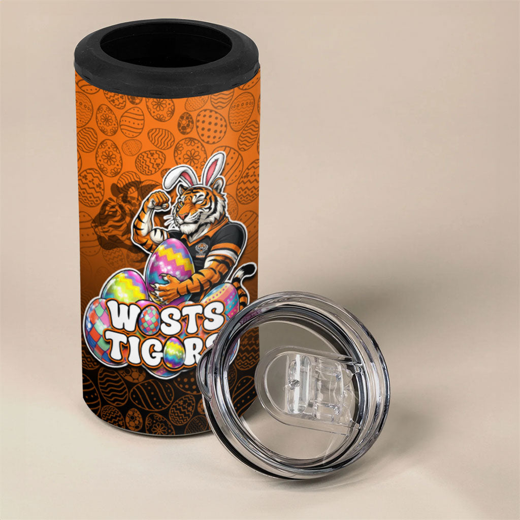 Personalized Wests Tigers 4 in 1 Can Cooler Tumbler Easter Mascot - Colorful Eggs Cartoon Style