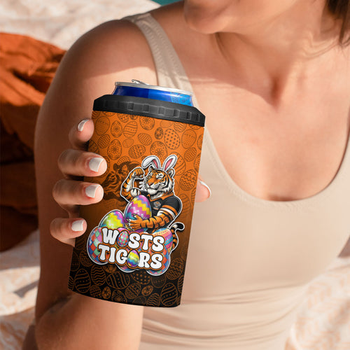 Personalized Wests Tigers 4 in 1 Can Cooler Tumbler Easter Mascot - Colorful Eggs Cartoon Style
