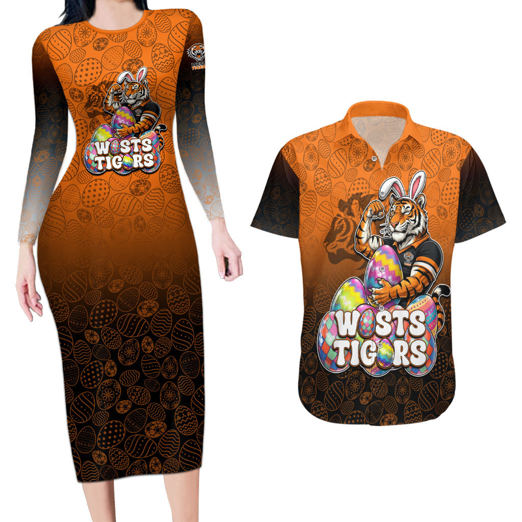 Personalized Wests Tigers Couples Matching Long Sleeve Bodycon Dress and Hawaiian Shirt Easter Mascot - Colorful Eggs Cartoon Style