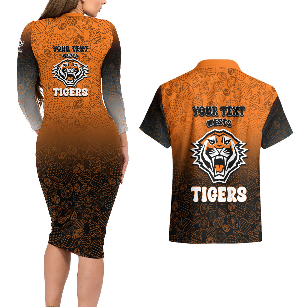 Personalized Wests Tigers Couples Matching Long Sleeve Bodycon Dress and Hawaiian Shirt Easter Mascot - Colorful Eggs Cartoon Style