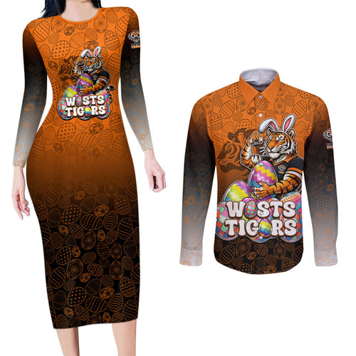 Personalized Wests Tigers Couples Matching Long Sleeve Bodycon Dress and Long Sleeve Button Shirt Easter Mascot - Colorful Eggs Cartoon Style