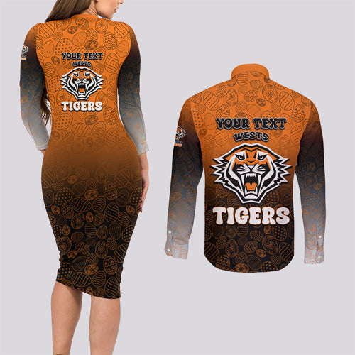 Personalized Wests Tigers Couples Matching Long Sleeve Bodycon Dress and Long Sleeve Button Shirt Easter Mascot - Colorful Eggs Cartoon Style